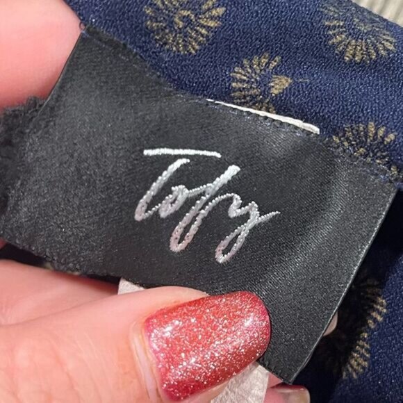 Toby Vintage Navy Blue Fan Print Wrap Blouse Long Sleeve Size 4 - Picture 2 of 5